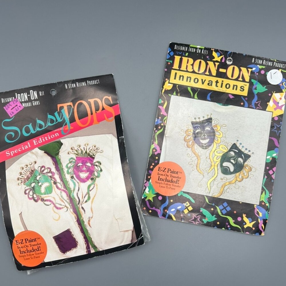 2 NOS 1994 Mardi Gras Comedy Tragedy VTG Iron-On Kits Appliqués Stan Rising